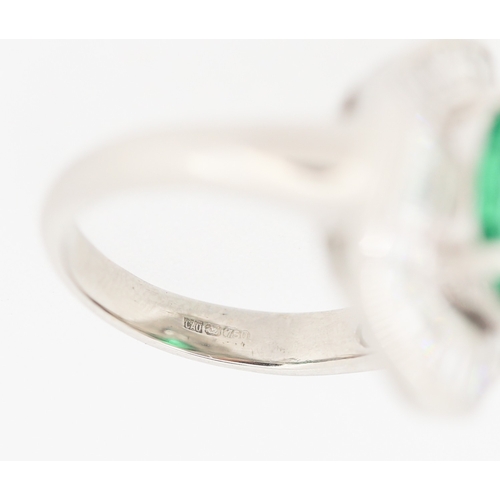 61 - Finely Detailed Emerald Set Centre Stone Ring with Tapered Baguette Cut Diamond Set Halo Surround Mo... 