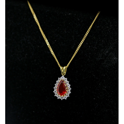64 - Pear Cut Fire Opal Set Pendant Diamond Sixteen Stone Set Surround Mounted in 18 Carat Yellow 2cm Hig... 