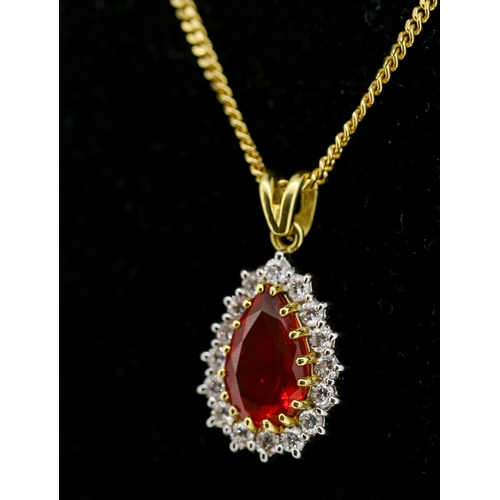 64 - Pear Cut Fire Opal Set Pendant Diamond Sixteen Stone Set Surround Mounted in 18 Carat Yellow 2cm Hig... 
