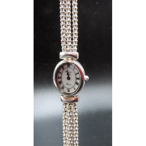 Silver Precious Time Ladies Quartz Wristwatch Roman Numerals Mother of Pearl Dial Bracelet 19cm Long