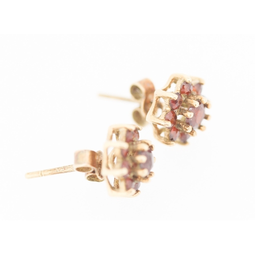 Pair of Red Garnet Set Cluster Earrings Mounted in 9 Carat Yellow Gold 7mm High