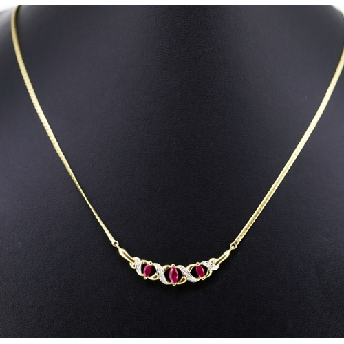Finely Detailed Marquise Cut Ruby and Diamond Set Ladies Necklace Mounted in 9 Carat Yellow Gold 42cm Long