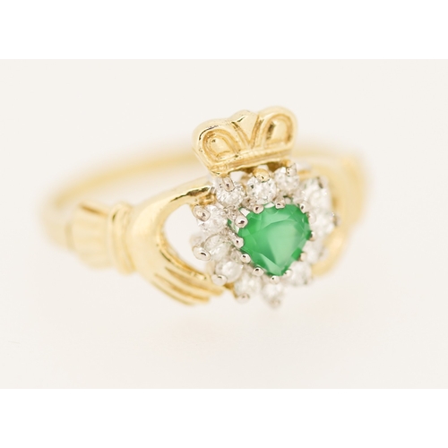 Emerald and Diamond Set Claddagh Ring Mounted in 9 Carat Yellow Gold Ring Size M and a Half