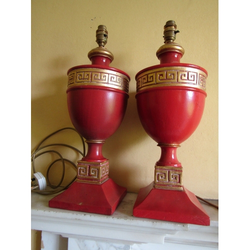 18 - Pair of Red Ground and Gilded Pedestal Form Table Lamps Each Electrified Working Order