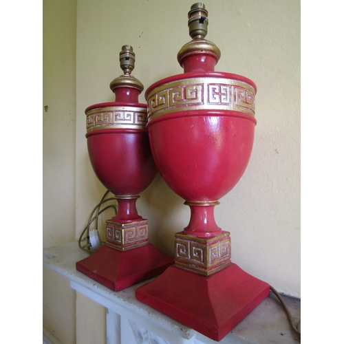 18 - Pair of Red Ground and Gilded Pedestal Form Table Lamps Each Electrified Working Order
