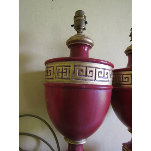 18 - Pair of Red Ground and Gilded Pedestal Form Table Lamps Each Electrified Working Order