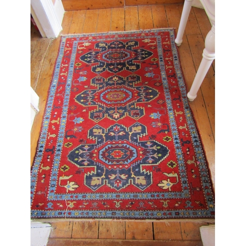 20 - Persian Pure Wool Rug Burgundy and Navy Ground Patterned Borders Approximately 6ft Long x 3ft 6 Inch... 