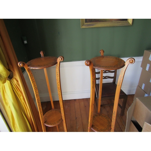 33 - Pair of Antique Satinwood Stands Attractively Detailed and Painted Shaped Form Each Approximately 5f... 