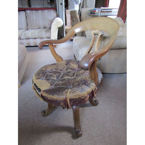 36 - William IV Library Armchair Swivel Base Attractively Detailed Original Leather Upholstery Spoon Back