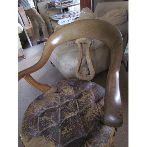 36 - William IV Library Armchair Swivel Base Attractively Detailed Original Leather Upholstery Spoon Back