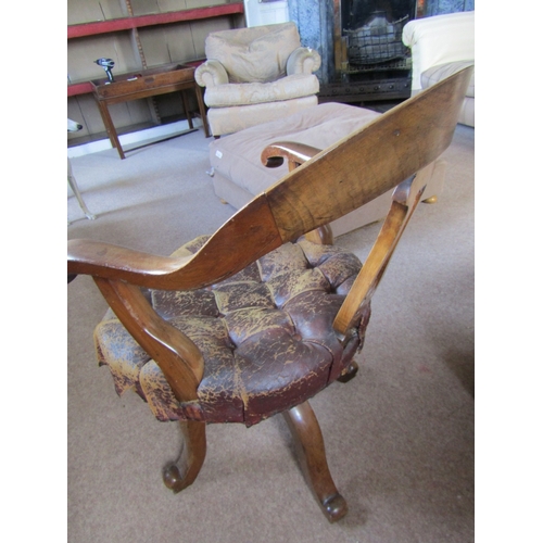 36 - William IV Library Armchair Swivel Base Attractively Detailed Original Leather Upholstery Spoon Back