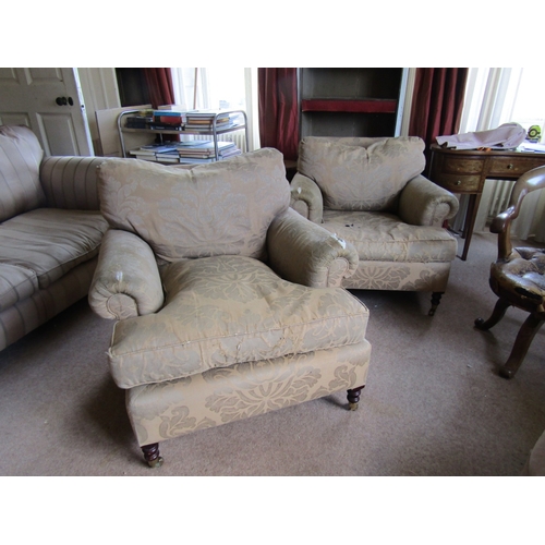 38 - Large Over Sized Drawing Room Armchair Mahogany Supports Brass Cup Casters