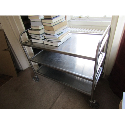 47 - Vintage Chrome Metal Three Tier Trolley Good Construction on Wheeled Supports Approximately 4ft Wide