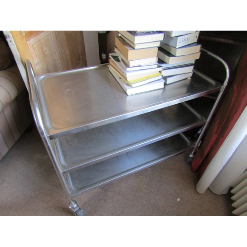 47 - Vintage Chrome Metal Three Tier Trolley Good Construction on Wheeled Supports Approximately 4ft Wide