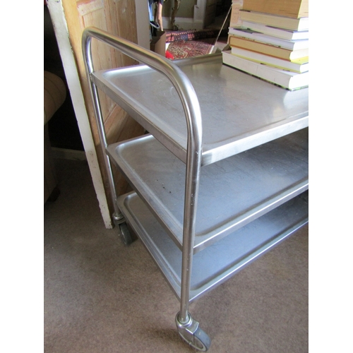 47 - Vintage Chrome Metal Three Tier Trolley Good Construction on Wheeled Supports Approximately 4ft Wide