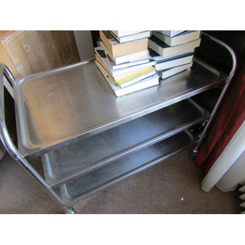 47 - Vintage Chrome Metal Three Tier Trolley Good Construction on Wheeled Supports Approximately 4ft Wide