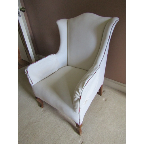 53 - Pair of Edwardian Cream Upholstered Wingback Armchairs Queen Anne Supports with Arm Protectors