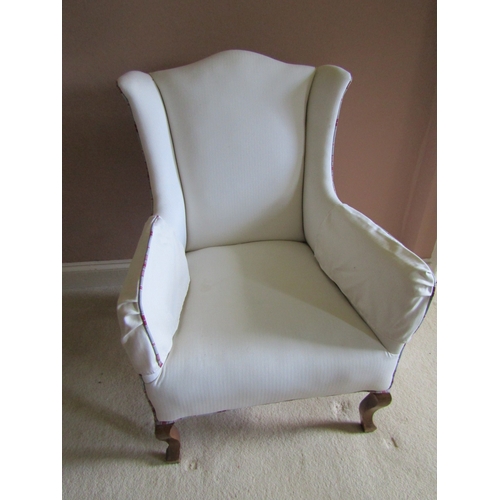 53 - Pair of Edwardian Cream Upholstered Wingback Armchairs Queen Anne Supports with Arm Protectors