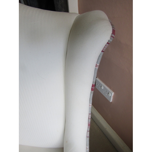 53 - Pair of Edwardian Cream Upholstered Wingback Armchairs Queen Anne Supports with Arm Protectors