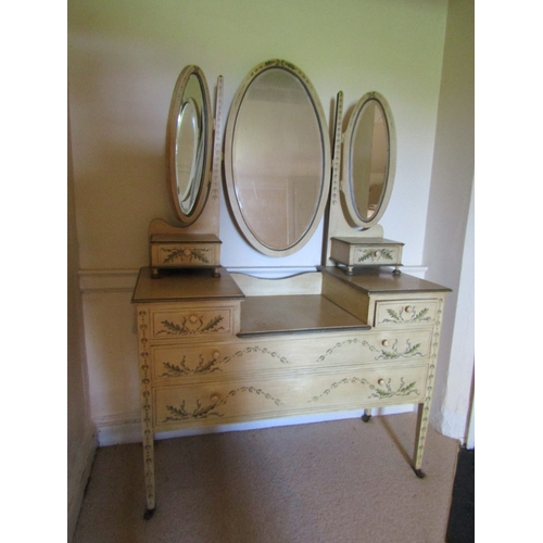 59 - Tri-mirror Set Dressing Table Cream Painted with Floral and Leaf Motifs Attractively Detailed Approx... 