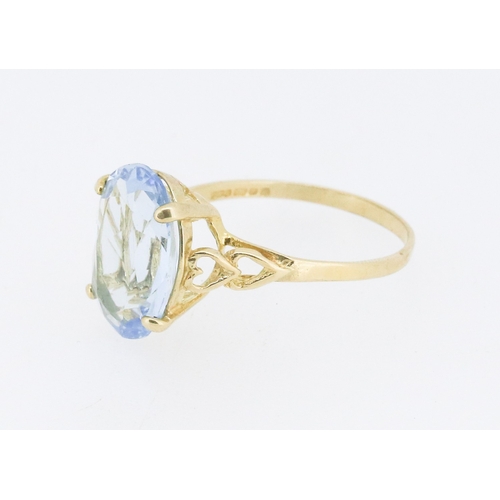 1 - Sky Blue Topaz Single Stone Set Ring Mounted in 9 Carat Yellow Gold Heart Motifs to Shoulders Stone ... 