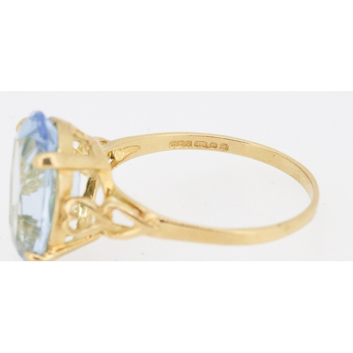 1 - Sky Blue Topaz Single Stone Set Ring Mounted in 9 Carat Yellow Gold Heart Motifs to Shoulders Stone ... 