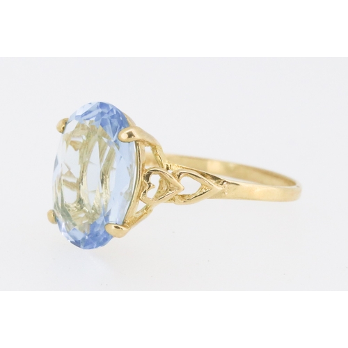 1 - Sky Blue Topaz Single Stone Set Ring Mounted in 9 Carat Yellow Gold Heart Motifs to Shoulders Stone ... 