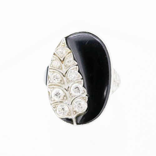 14 - Finely Detailed Enamel Diamond Set Leaf Motif Panel Form Ring Mounted in Platinum Ring Size F and a ... 
