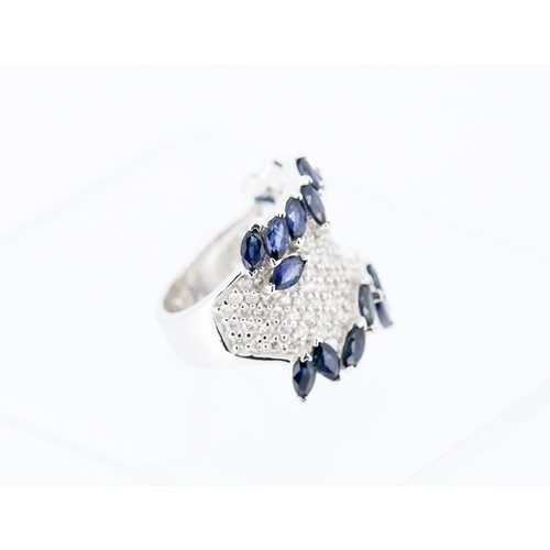 15 - Finely Detailed Nineteen Stone Marquise Cut Sapphire and Diamond Set Cluster Ring Mounted in 14 Cara... 