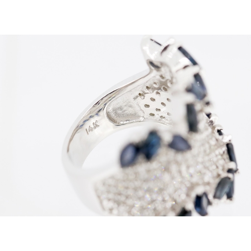 15 - Finely Detailed Nineteen Stone Marquise Cut Sapphire and Diamond Set Cluster Ring Mounted in 14 Cara... 