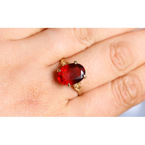19 - Garnet Single Stone Set Ring Mounted in 9 Carat Yellow Gold Heart Motifs to Shoulders Garnet 14mm by... 