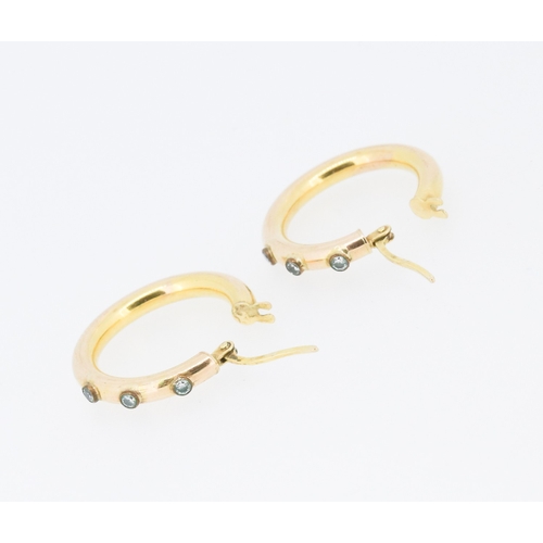2 - Pair of Aquamarine Three Stone Bezel Set Hoop Earrings Mounted in 9 Carat Yellow Gold 2cm Diameter