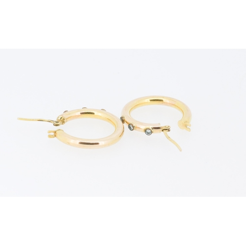 2 - Pair of Aquamarine Three Stone Bezel Set Hoop Earrings Mounted in 9 Carat Yellow Gold 2cm Diameter
