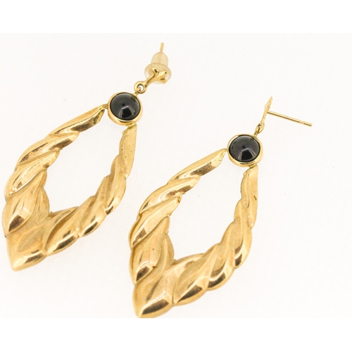 20 - Pair of 9 Carat Yellow Gold Polished Cabochon Onyx Set Drop Leaf Earrings 4cm High Onyx 5mm Diameter
