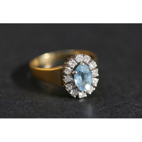 24 - Aquamarine Centre Stone Set Ring with Diamond Set Halo Surround Mounted in 18 Carat Yellow Gold Aqua... 