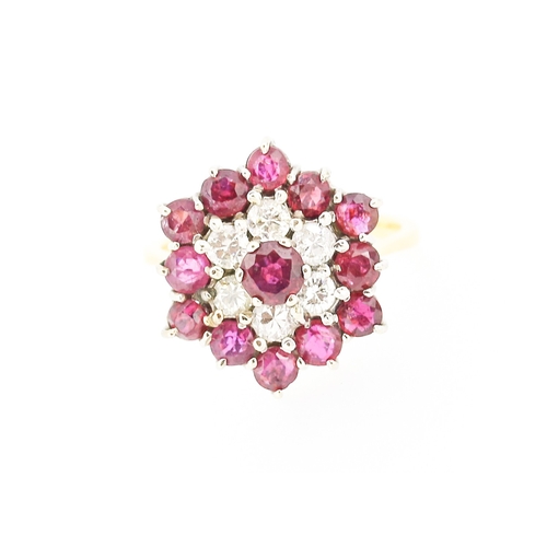 32 - Finely Detailed Ruby and Diamond Cluster Set Cocktail Ring Mounted in 18 Carat Yellow Gold Ring Size... 