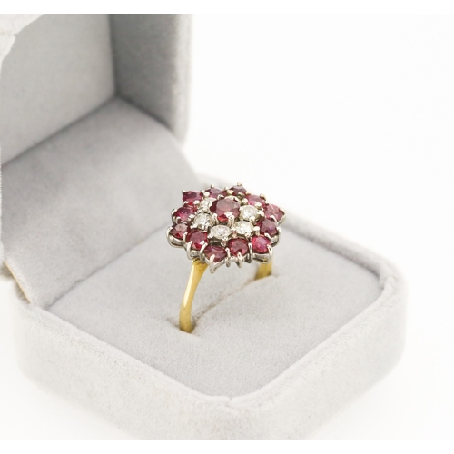 32 - Finely Detailed Ruby and Diamond Cluster Set Cocktail Ring Mounted in 18 Carat Yellow Gold Ring Size... 