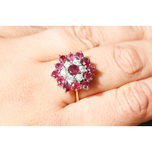 32 - Finely Detailed Ruby and Diamond Cluster Set Cocktail Ring Mounted in 18 Carat Yellow Gold Ring Size... 