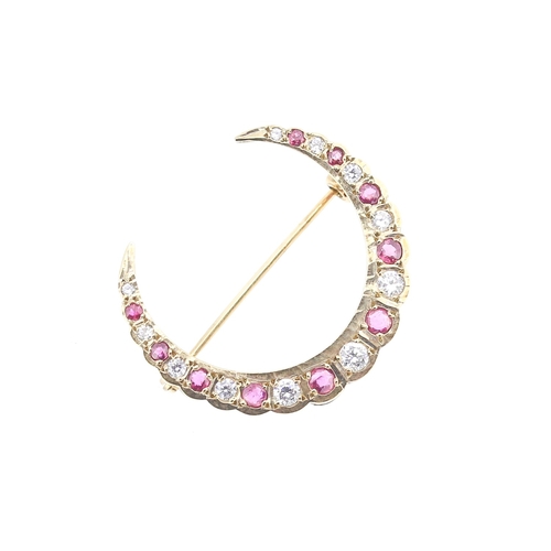 4 - Ruby and White Topaz Twenty One Stone Set Graduated Form Crescent Brooch Mounted in 9 Carat Yellow G... 