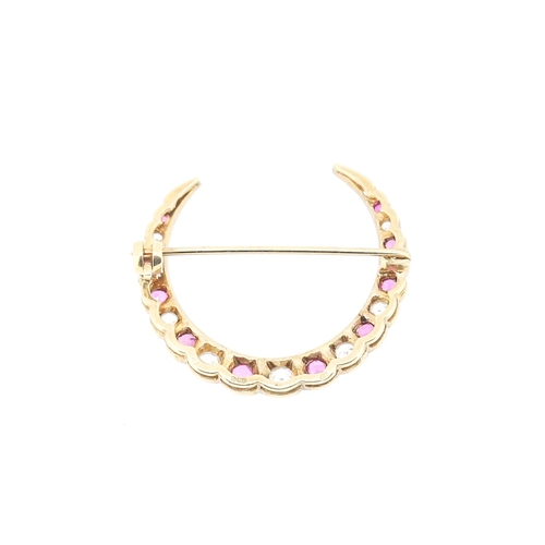 4 - Ruby and White Topaz Twenty One Stone Set Graduated Form Crescent Brooch Mounted in 9 Carat Yellow G... 