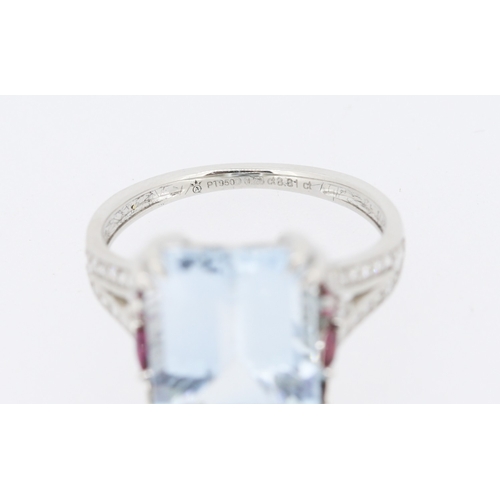 51 - Finely Detailed Emerald Cut Aquamarine Set Ring with Diamond Inset to Shoulders and Further Ruby Ins... 
