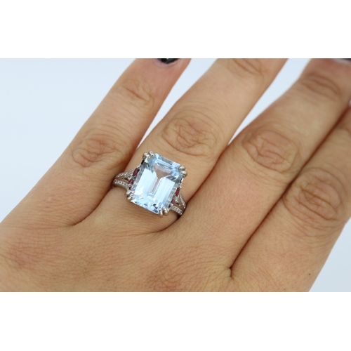 51 - Finely Detailed Emerald Cut Aquamarine Set Ring with Diamond Inset to Shoulders and Further Ruby Ins... 