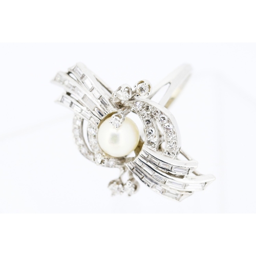53 - Unusual Form Pearl Centre Stone Ring with Baguette Cut and Round Cut Diamond Set Cluster Surround Fi... 