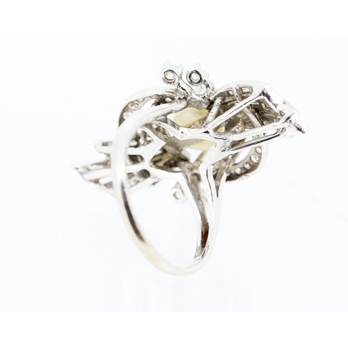 53 - Unusual Form Pearl Centre Stone Ring with Baguette Cut and Round Cut Diamond Set Cluster Surround Fi... 