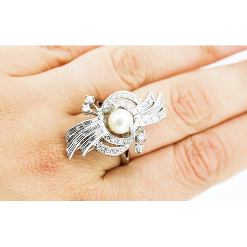 53 - Unusual Form Pearl Centre Stone Ring with Baguette Cut and Round Cut Diamond Set Cluster Surround Fi... 
