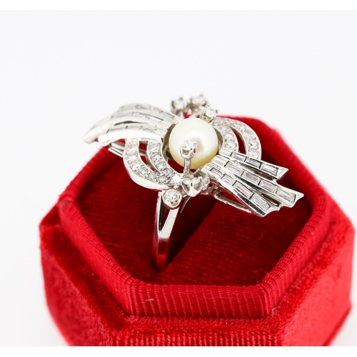 53 - Unusual Form Pearl Centre Stone Ring with Baguette Cut and Round Cut Diamond Set Cluster Surround Fi... 