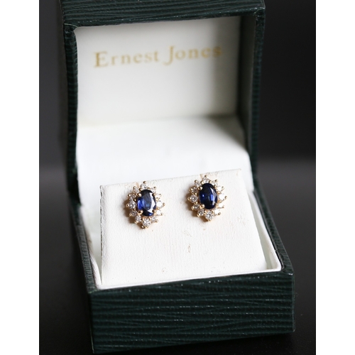 Finely Detailed Pair of Sapphire Set Earrings with Diamond Set Surrounds Mounted in 18 Carat Yellow Gold Sapphire Approximately .50ct Each 1cm High