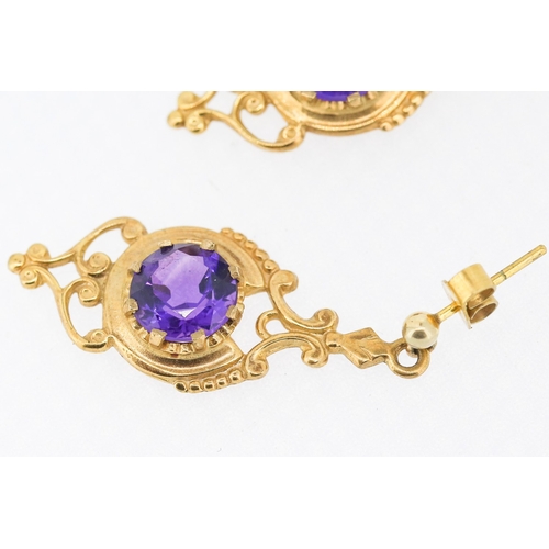 6 - Pair of Finely Detailed Amethyst Set Ladies Drop Earrings Mounted in 9 Carat Yellow Gold 3cm Drop Am... 