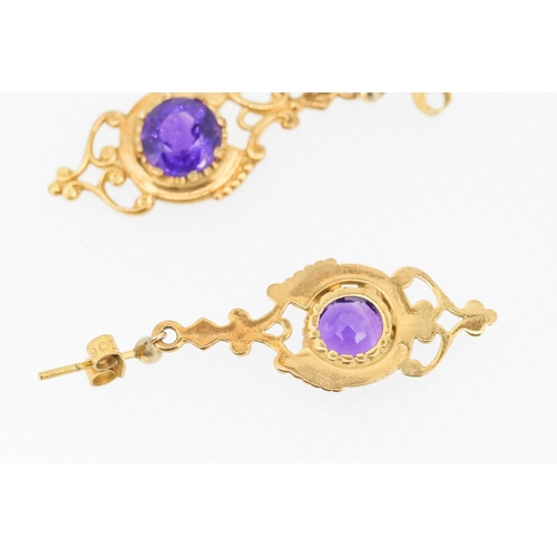 6 - Pair of Finely Detailed Amethyst Set Ladies Drop Earrings Mounted in 9 Carat Yellow Gold 3cm Drop Am... 