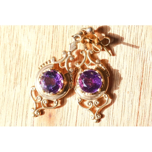 6 - Pair of Finely Detailed Amethyst Set Ladies Drop Earrings Mounted in 9 Carat Yellow Gold 3cm Drop Am... 